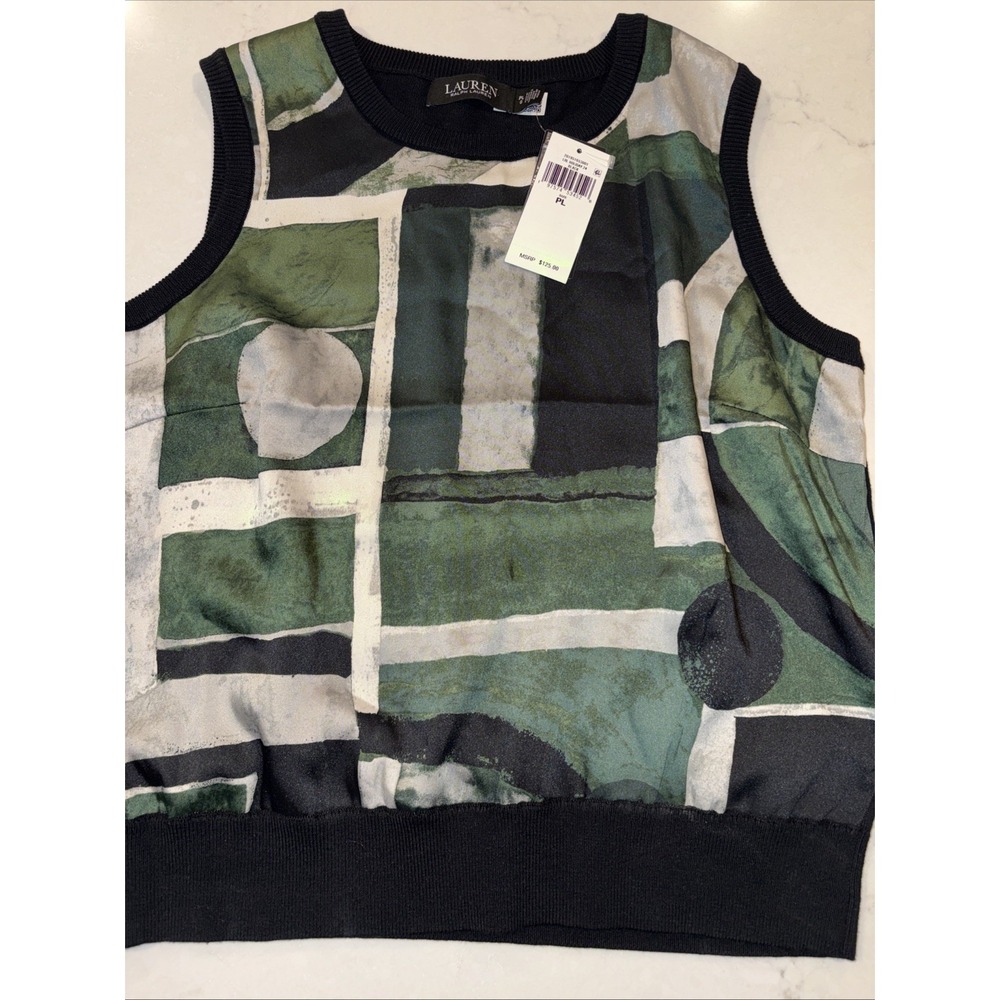 Lauren Ralph Women's LP Geo-Print Sleeveless Sweater Top Quiet Luxury NWT $125‎